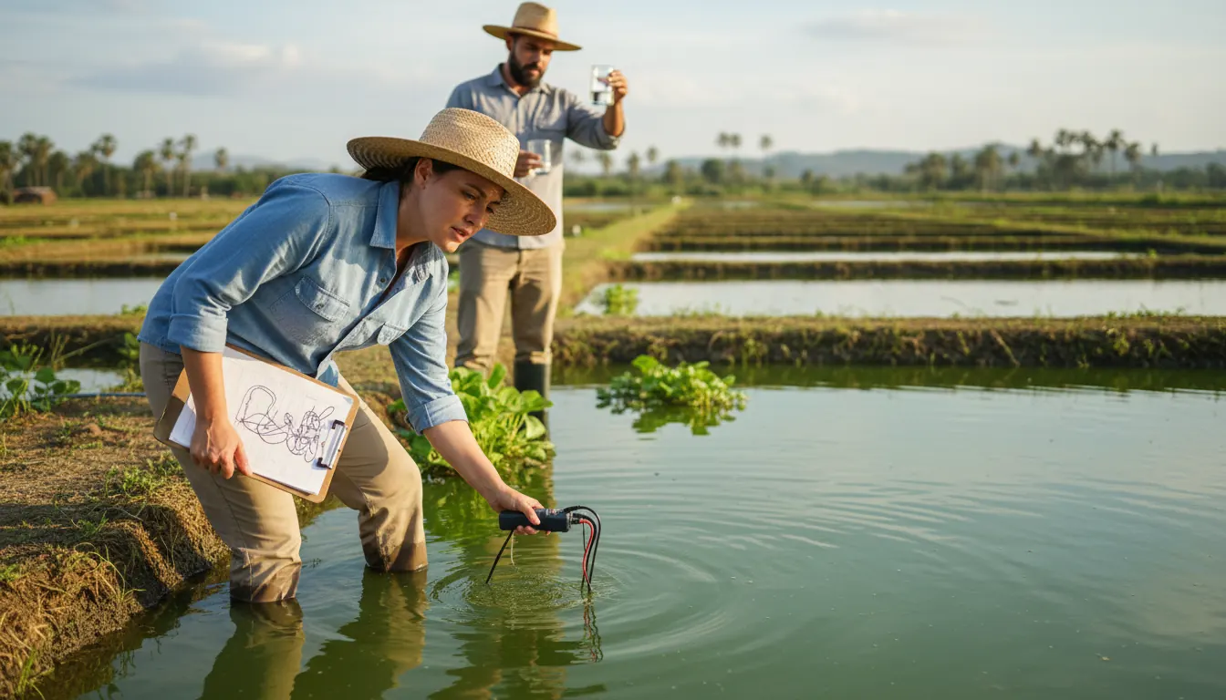 Certification inspector examining organic aquaculture farm pond conditions with a clipboard and water testing equipment