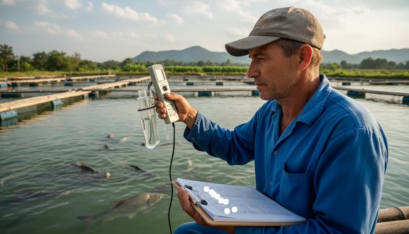 Aquaculture farm operator inspecting organic-certified fish pond with clipboard and water testing equipment