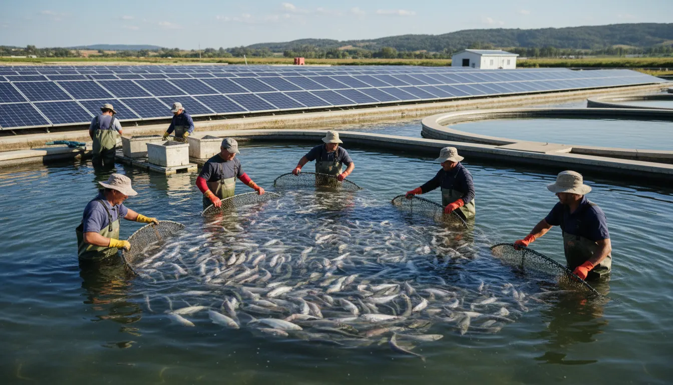 Workers harvesting fish at a certified sustainable aquaculture farm with clean water pond systems and photovoltaic panels visible