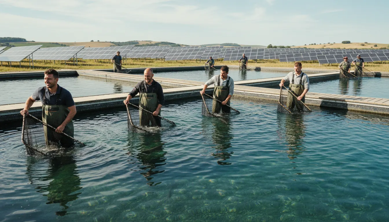Workers harvesting fish at a sustainable aquaculture farm with clean water ponds and solar panels visible in the background