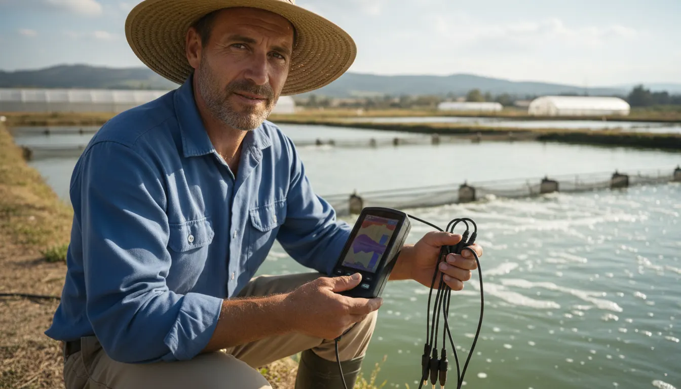 Fish farm technician monitoring water quality sensors beside an outdoor aquaculture production pond