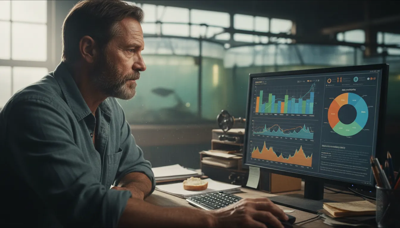 Fish farm manager reviewing production forecasts on a computer screen showing risk probability charts