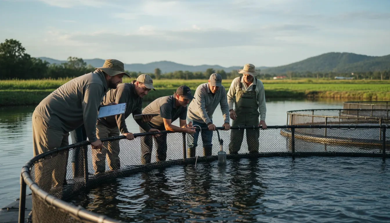 Research team and farm operators collaborating at an outdoor aquaculture pilot site during a field monitoring session