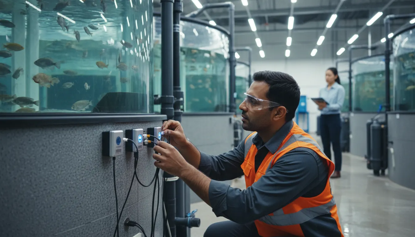 Engineer installing automated sensors on a recirculating aquaculture system tank inside a modern indoor fish farming facility