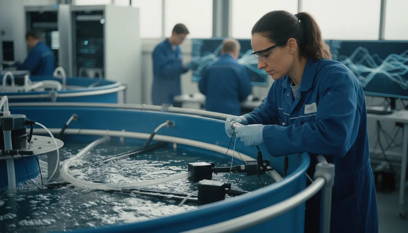 Engineer installing sensors on a recirculating aquaculture system tank as part of a smart fish farming innovation project