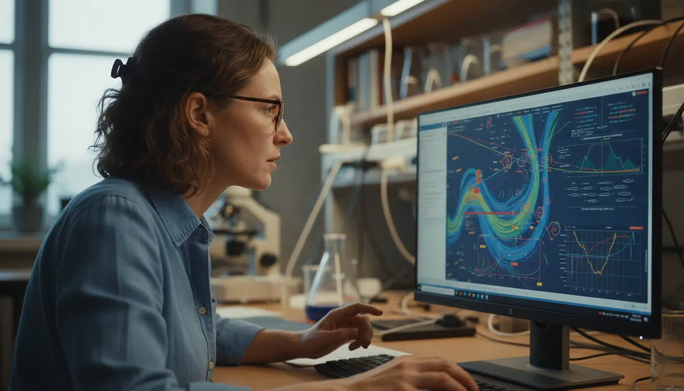 Aquaculture researcher analysing statistical probability models on a computer screen inside a university research laboratory