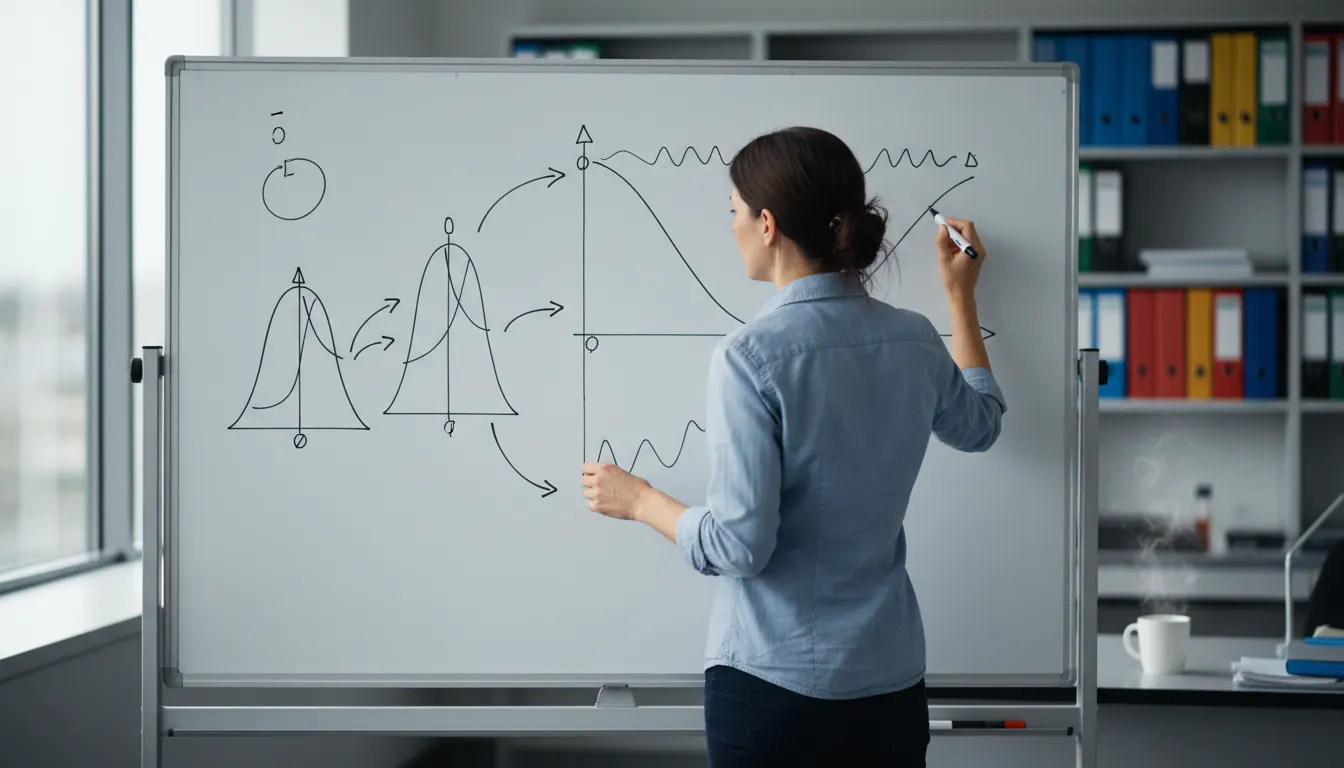 Scientist at a whiteboard drawing probability distribution graphs related to fish production cycle modelling