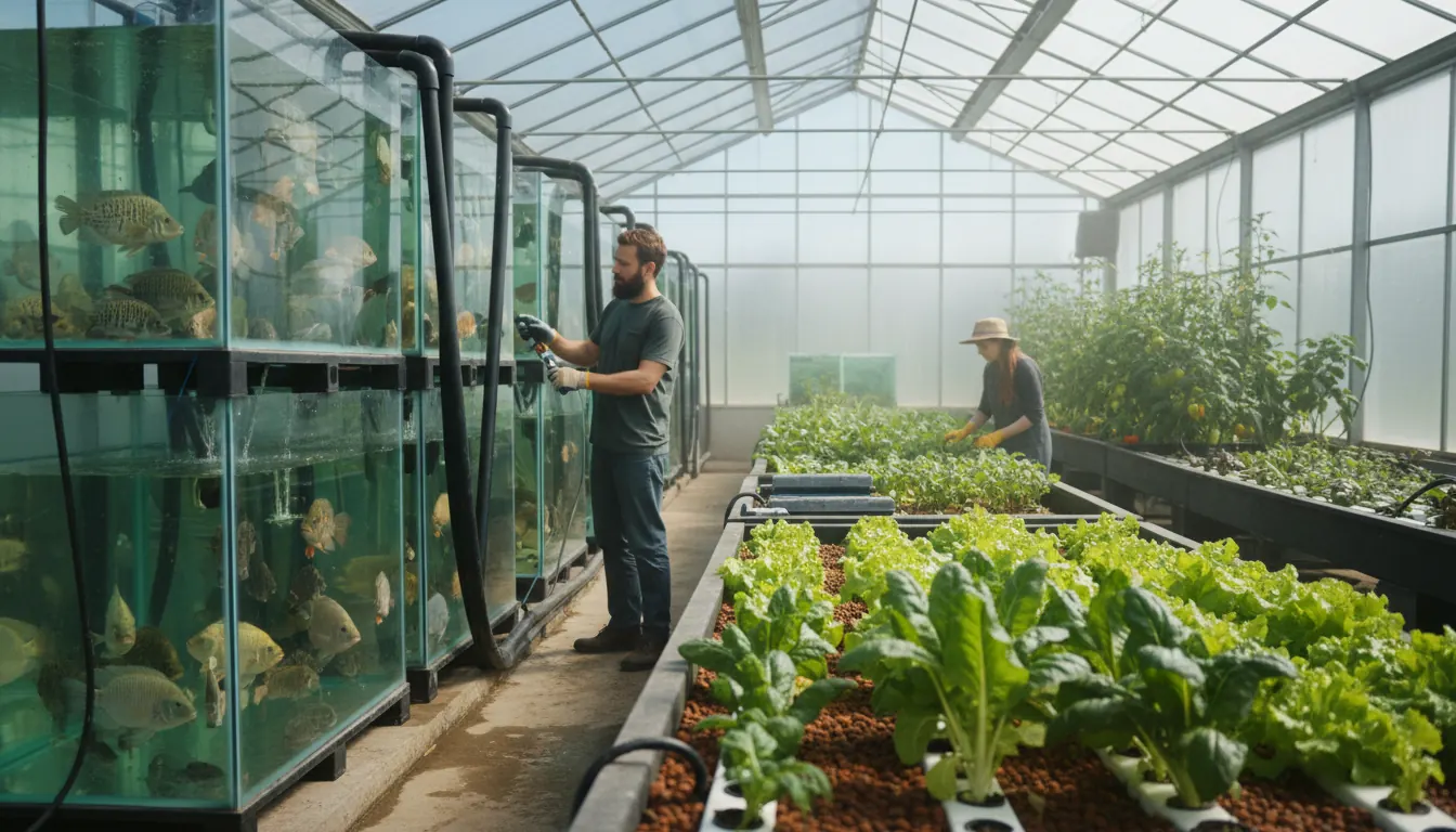 Indoor aquaponics facility showing fish tanks connected to plant grow beds inside a greenhouse