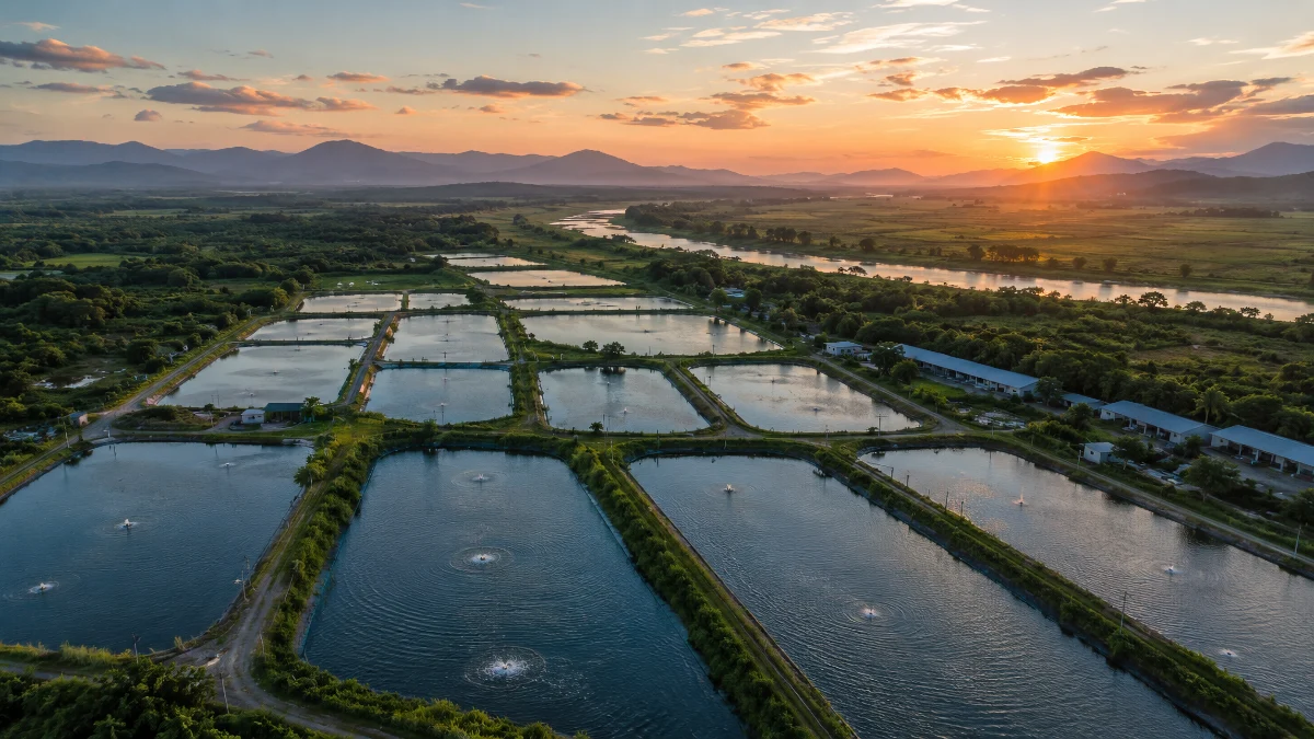 Aerial view of sustainable aquaculture fish farm ponds surrounded by green landscape at dusk