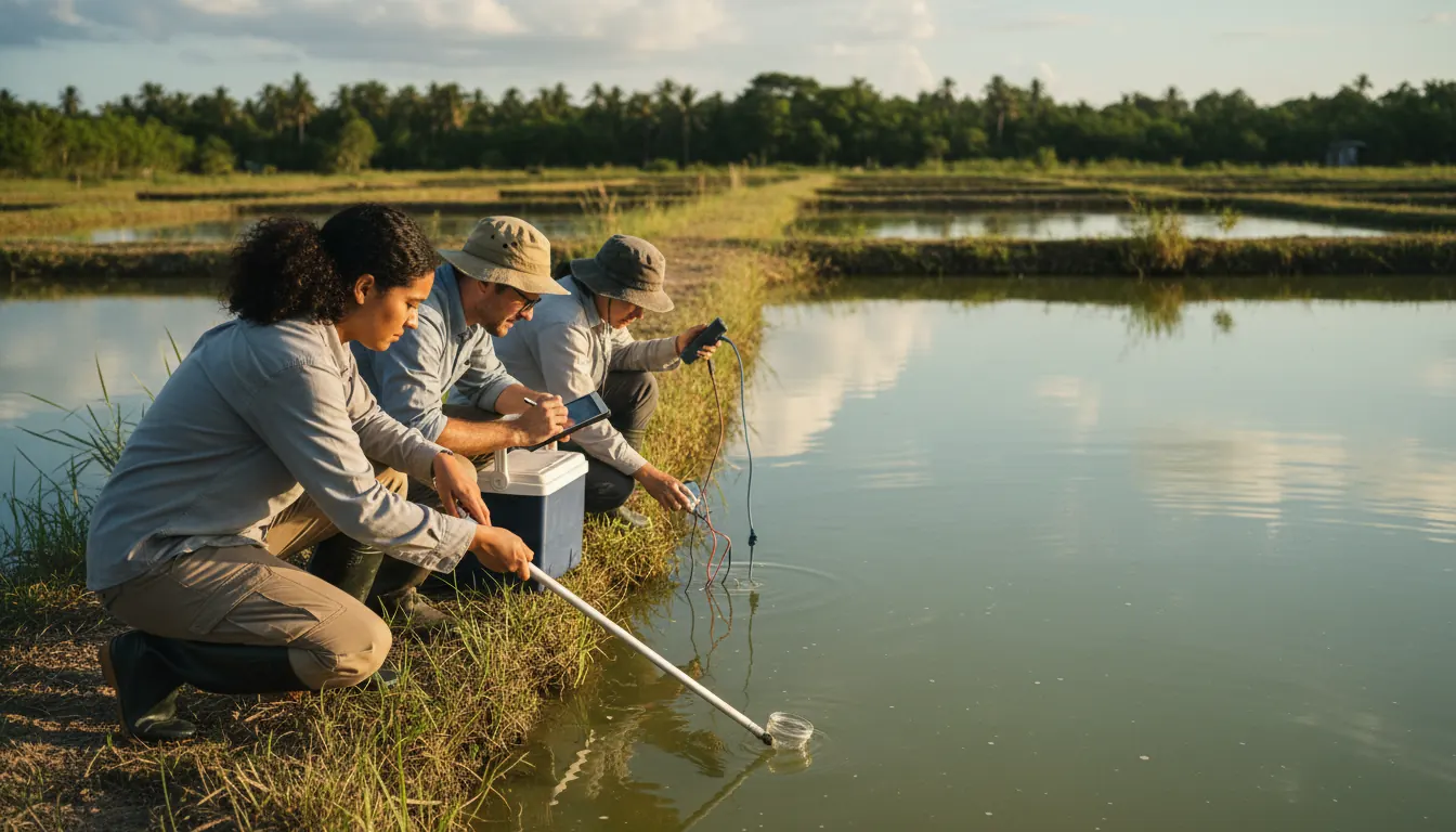 Researchers collecting water samples at an aquaculture pond during the ECOFISH project field study
