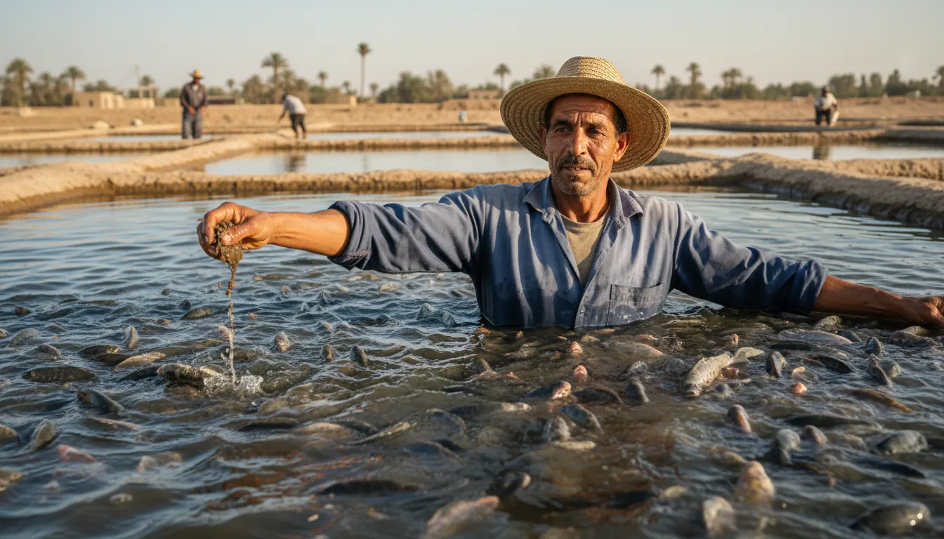 Fish farm worker feeding tilapia in an outdoor pond at an Egyptian aquaculture facility