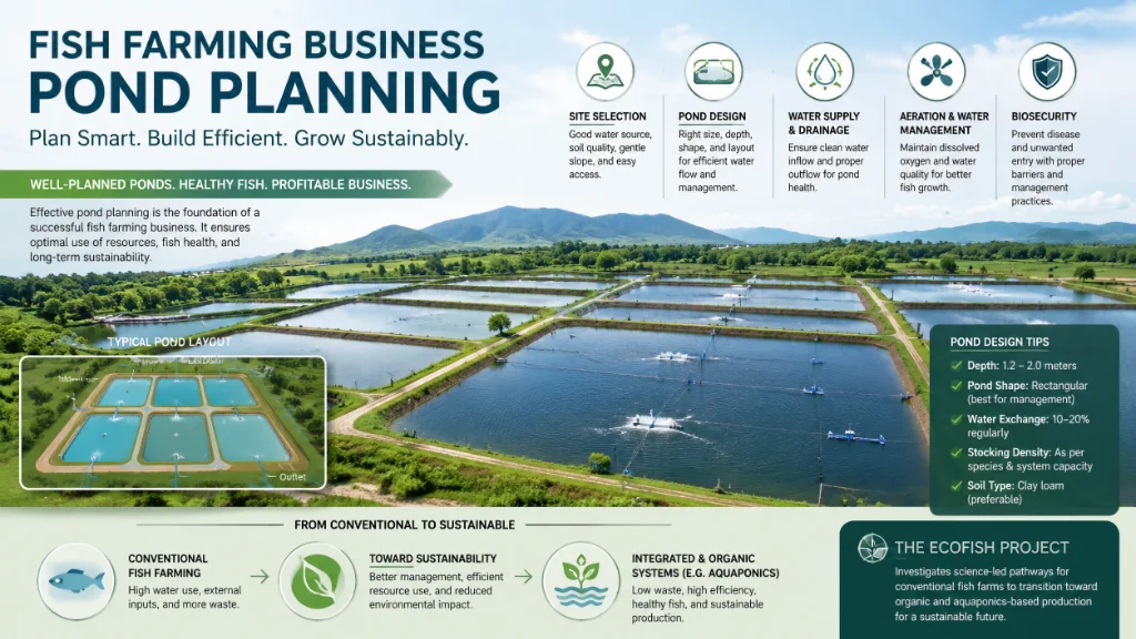 New fish farmer standing beside an earthen pond reviewing a simple business plan on a clipboard