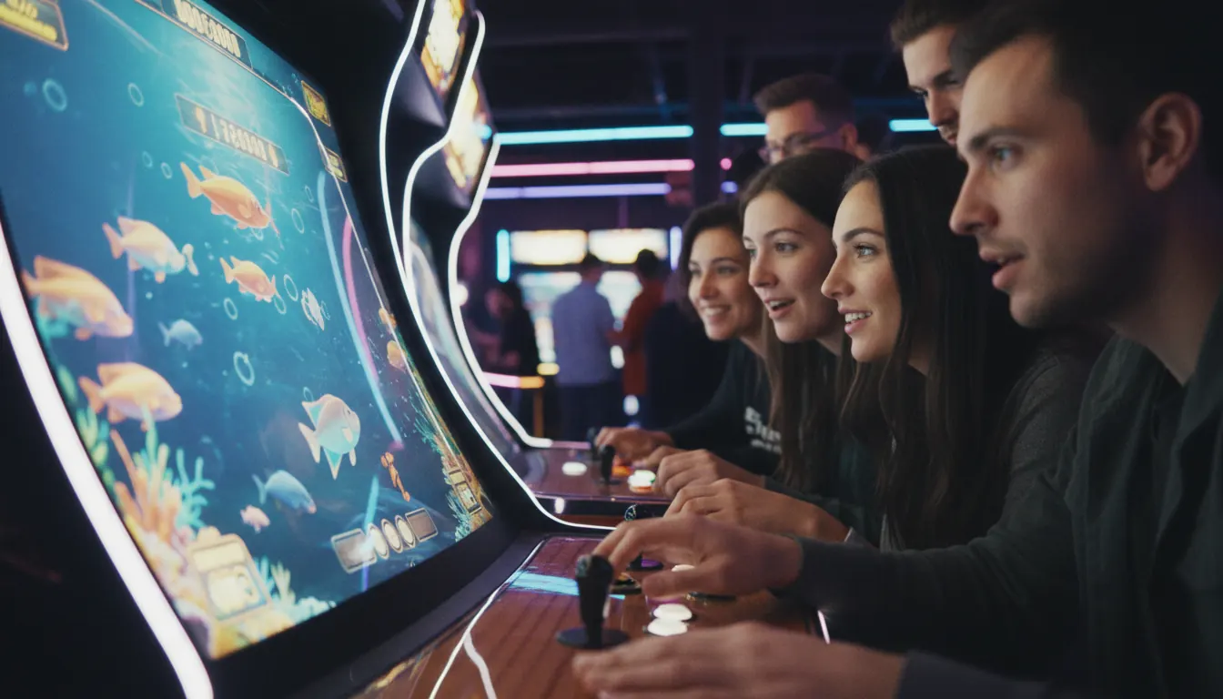 Players gathered around a fish table arcade game screen at an indoor gaming venue