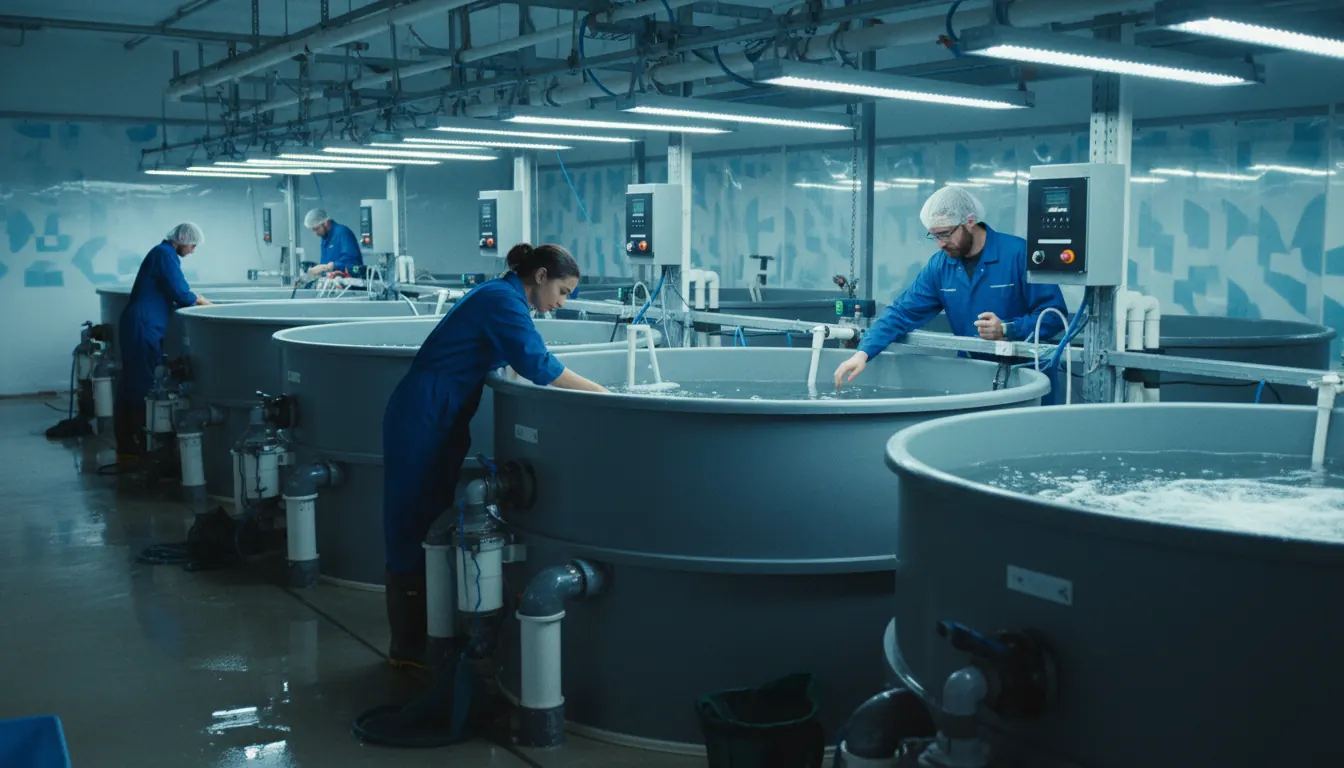 Row of recirculating aquaculture system tanks inside a commercial indoor fish farming facility in the United States