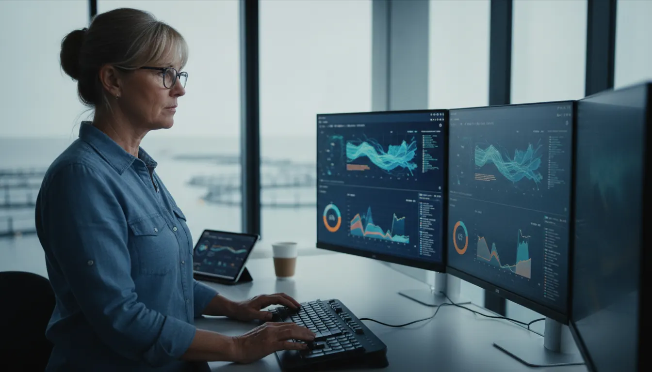 Aquaculture operations manager reviewing real-time fish farm production data on a multi-screen analytics dashboard