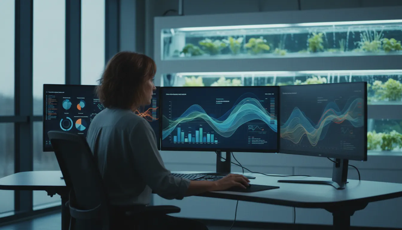 Data analyst reviewing aquaculture production dashboards with multiple screens showing yield and resource metrics